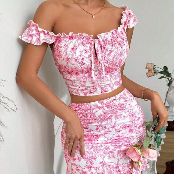 Hot Pink Boho Women's Ruffle Trim Ruffled 2-Piece Set - Picture 4 of 6